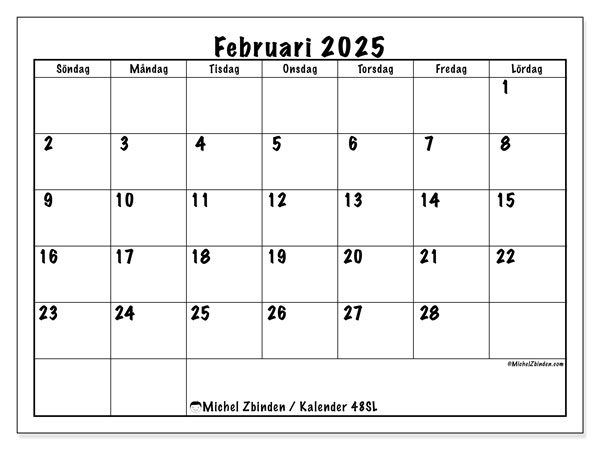 Kalender februari 2025, 48SL. Gratis kalender som kan skrivas ut.