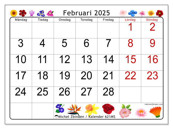 Kalender februari 2025 “621”. Gratis kalender som kan skrivas ut.. Måndag till söndag
