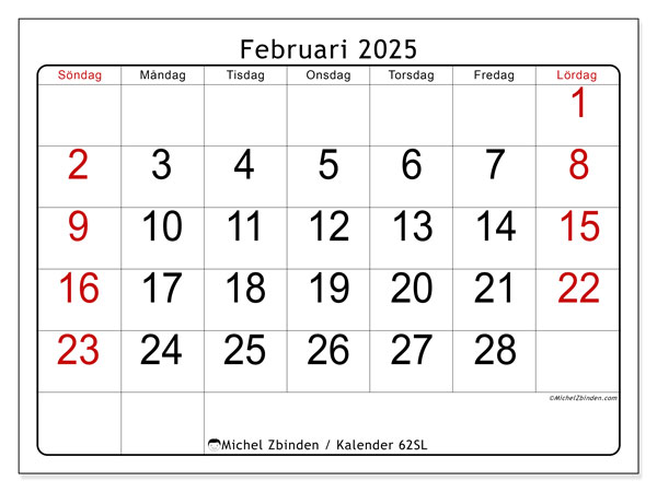 Kalender februari 2025, 62SL. Gratis karta som kan skrivas ut.