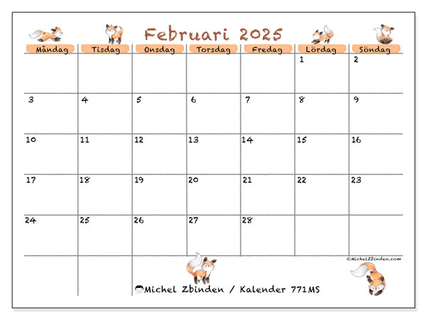 Kalender februari 2025 “771”. Gratis utskrivbart program.. Måndag till söndag