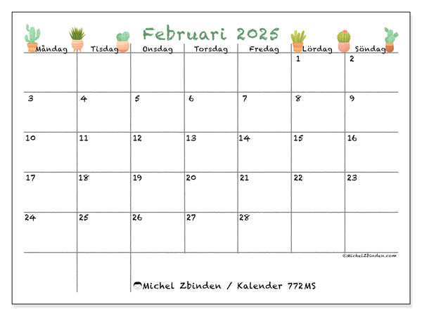 Kalender februari 2025 “772”. Gratis kalender som kan skrivas ut.. Måndag till söndag