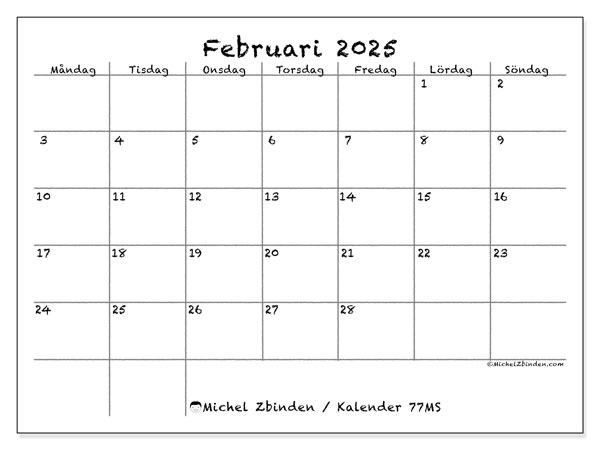 Kalender februari 2025 “77”. Gratis karta som kan skrivas ut.. Måndag till söndag