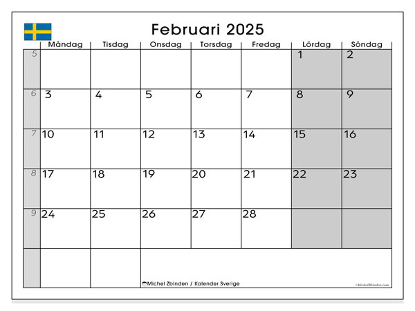 Kalender februar 2025 “Sverige”. Gratis kalender for utskrift.. Mandag til søndag