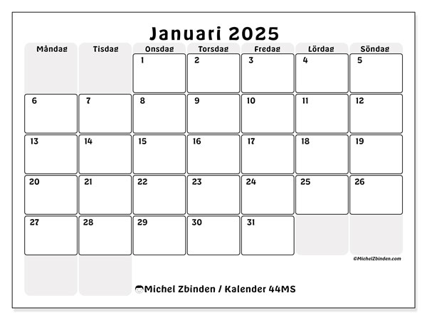 Kalender januari 2025, 44MS. Gratis karta som kan skrivas ut.