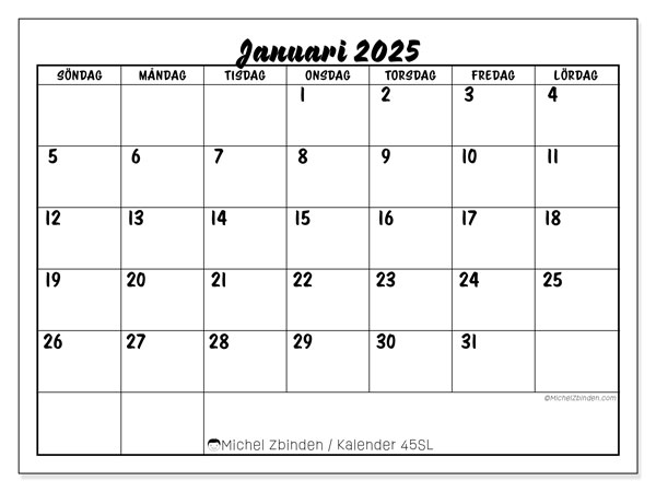 Kalender januari 2025, 45SL. Gratis kalender som kan skrivas ut.
