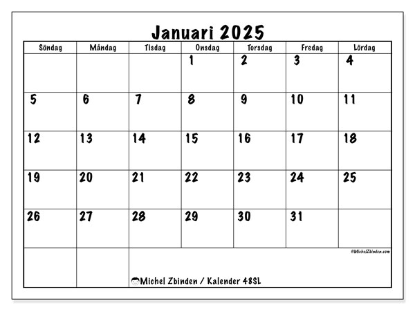 Kalender januari 2025, 48SL. Gratis kalender som kan skrivas ut.