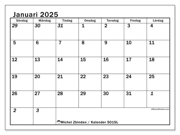 Kalender januari 2025 “501”. Gratis karta som kan skrivas ut.. Söndag till lördag