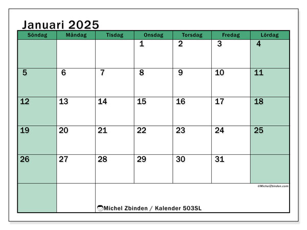 Kalender januari 2025 “503”. Gratis kalender som kan skrivas ut.. Söndag till lördag