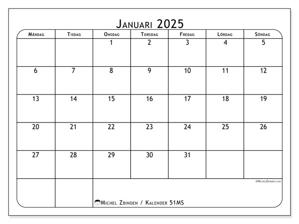 Kalender januari 2025, 51MS. Gratis kalender som kan skrivas ut.