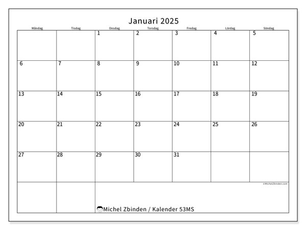 Kalender januari 2025 “53”. Gratis karta som kan skrivas ut.. Måndag till söndag