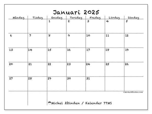 Kalender januari 2025, 77MS. Gratis kalender som kan skrivas ut.