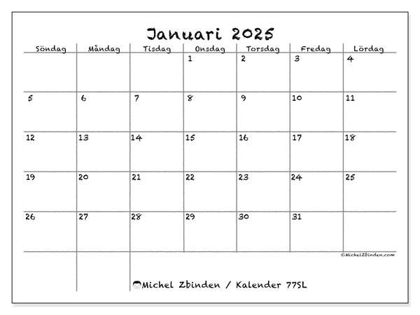 Kalender januari 2025 “77”. Gratis karta som kan skrivas ut.. Söndag till lördag