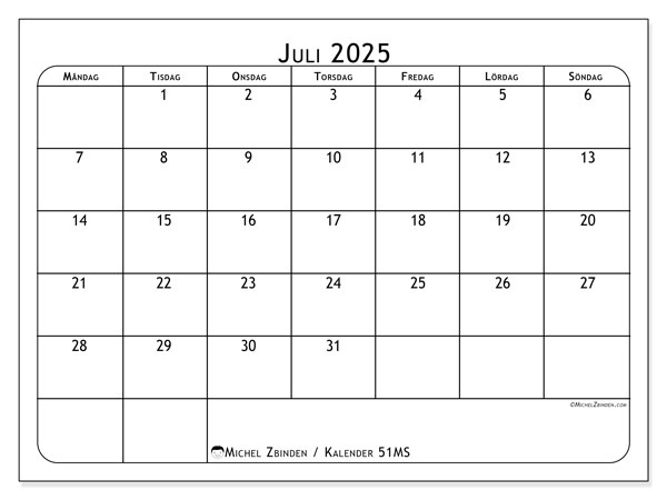 Kalender att skriva ut, juli 2025, 51MS