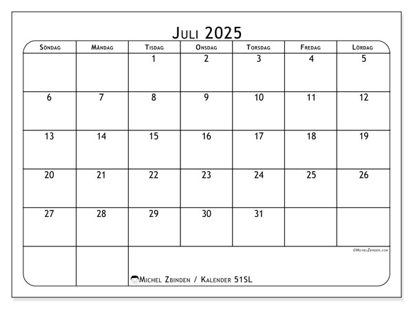 Kalender att skriva ut, juli 2025, 51SL
