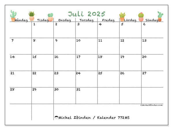 Kalender att skriva ut, juli 2025, 772MS