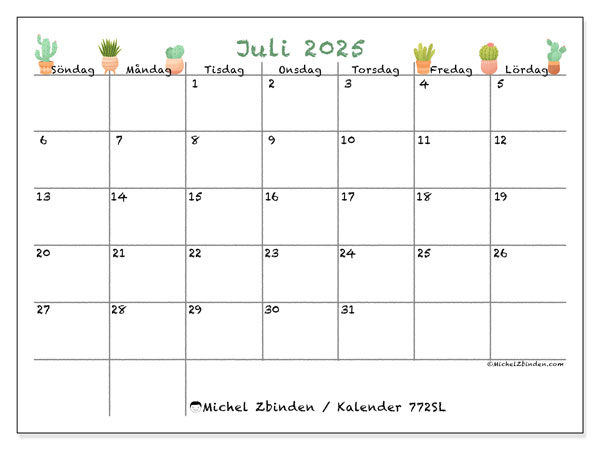 Kalender att skriva ut, juli 2025, 772SL