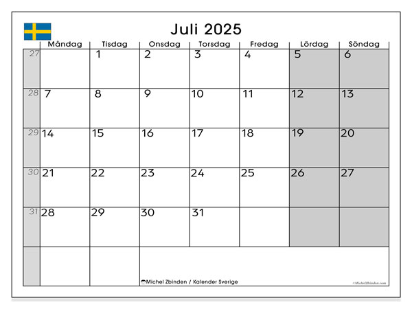 Kalender zum Ausdrucken, Juli 2025, Schweden