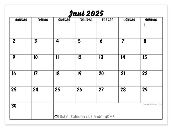Kalender att skriva ut, juni 2025, 45MS