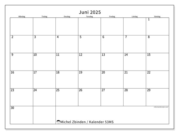 Kalender juni 2025 “53”. Gratis karta som kan skrivas ut.. Måndag till söndag