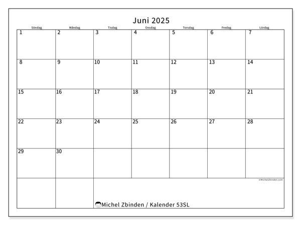 Kalender juni 2025 “53”. Gratis karta som kan skrivas ut.. Söndag till lördag