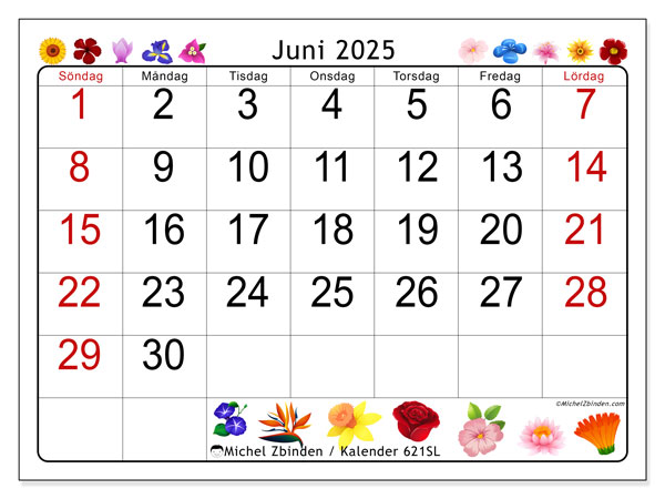 Kalender att skriva ut, juni 2025, 621SL