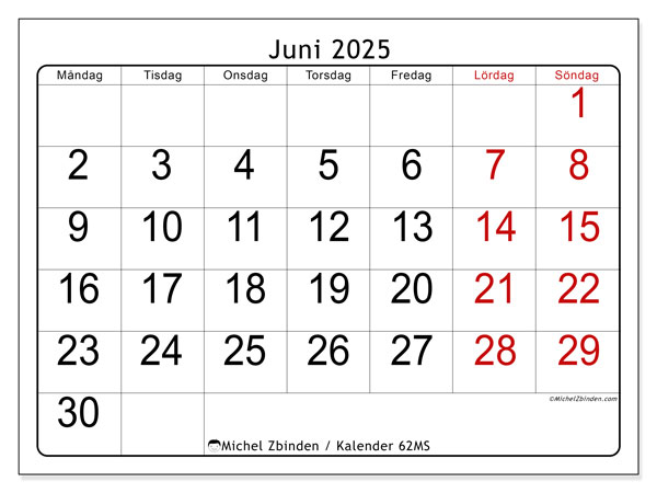 Kalender att skriva ut, juni 2025, 62MS