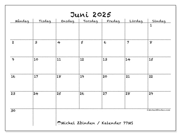 Kalender att skriva ut, juni 2025, 77MS