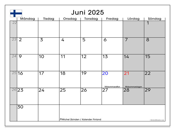 Kalender zum Ausdrucken, Juni 2025, Finnland (SV)