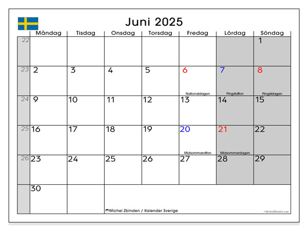 Kalender for utskrift, juni 2025, Sverige