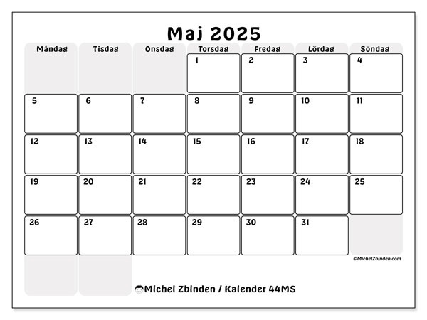 Kalender maj 2025 “44”. Schema för gratis utskrift.. Måndag till söndag