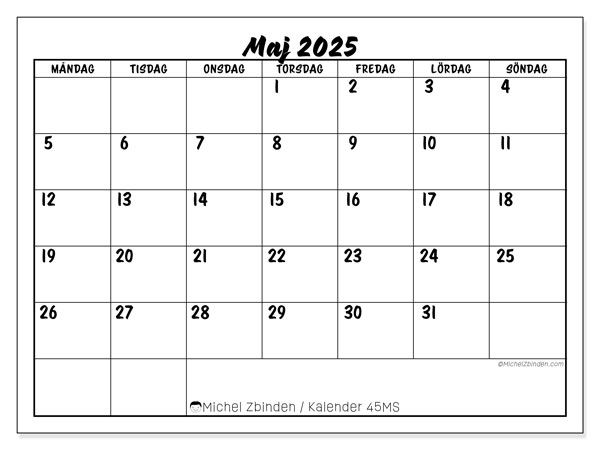 Kalender att skriva ut, maj 2025, 45MS