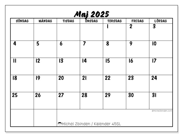 Kalender att skriva ut, maj 2025, 45SL