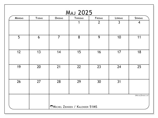 Kalender maj 2025 “51”. Gratis karta som kan skrivas ut.. Måndag till söndag