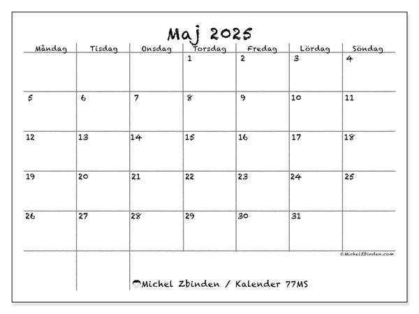 Kalender att skriva ut, maj 2025, 77MS