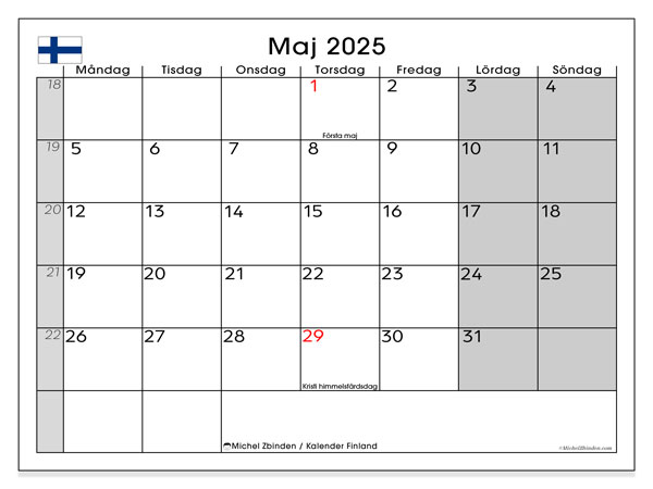 Kalender zum Ausdrucken, Mai 2025, Finnland (SV)