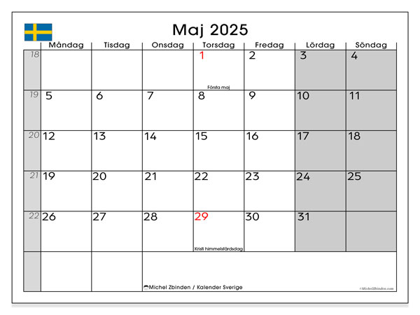 Kalendarz do druku, maj 2025, Szwecja