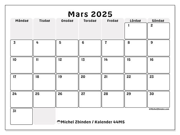 Kalender mars 2025 “44”. Gratis karta som kan skrivas ut.. Måndag till söndag