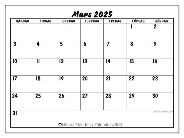 Kalender mars 2025, 45MS. Gratis karta som kan skrivas ut.