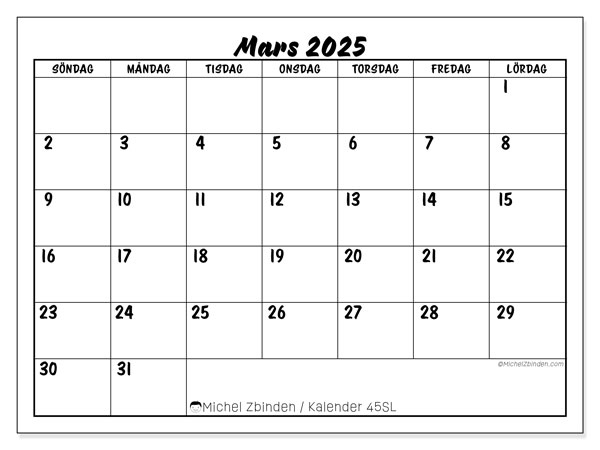 Kalender mars 2025, 45SL. Gratis utskrivbart program.