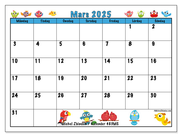Kalender mars 2025, 483MS. Gratis utskrivbart program.