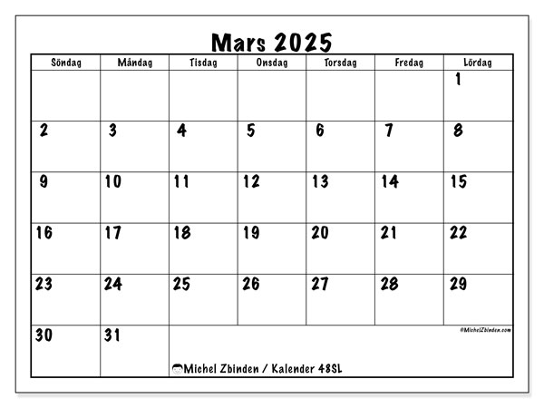 Kalender mars 2025 “48”. Gratis karta som kan skrivas ut.. Söndag till lördag