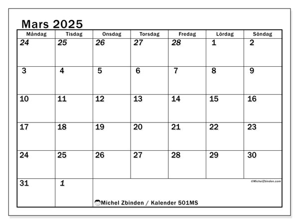 Kalender mars 2025, 501MS. Gratis utskrivbart program.