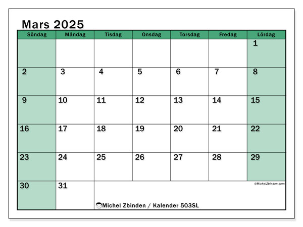 Kalender mars 2025 “503”. Gratis utskrivbart program.. Söndag till lördag