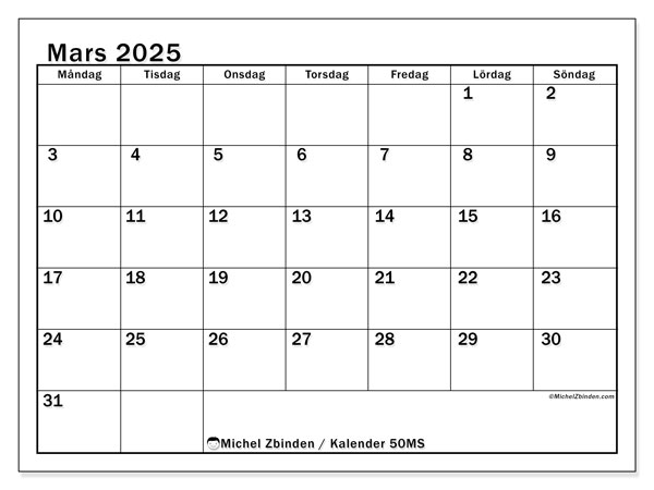 Kalender mars 2025 “50”. Schema för gratis utskrift.. Måndag till söndag