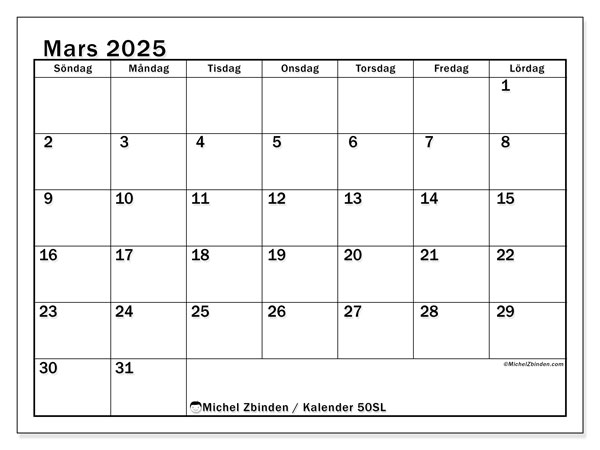 Kalender mars 2025 “50”. Gratis karta som kan skrivas ut.. Söndag till lördag