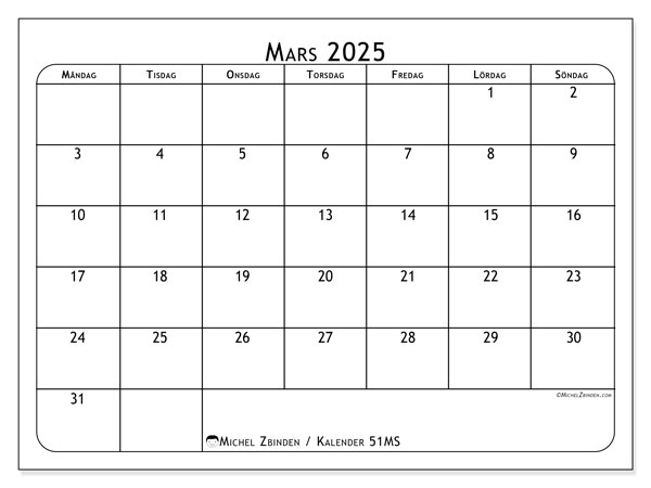 Kalender mars 2025, 51MS. Gratis utskrivbart program.