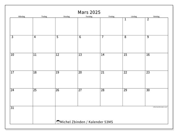 Kalender mars 2025 “53”. Gratis karta som kan skrivas ut.. Måndag till söndag