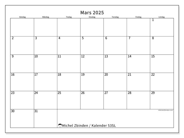 Kalender mars 2025 “53”. Gratis karta som kan skrivas ut.. Söndag till lördag