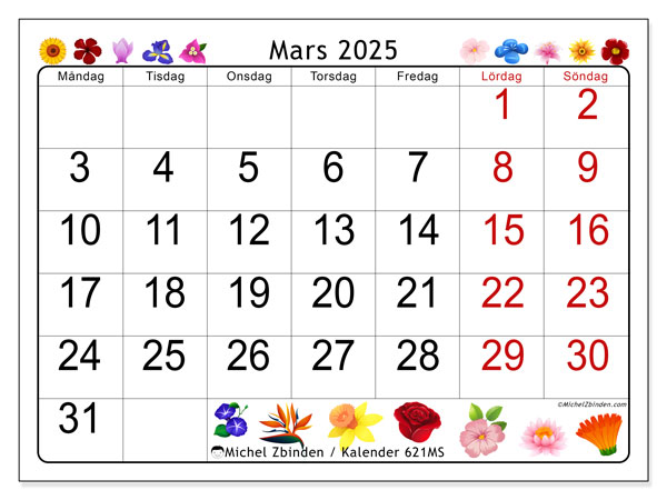 Kalender mars 2025 “621”. Gratis karta som kan skrivas ut.. Måndag till söndag