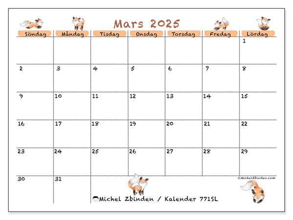Kalender mars 2025 “771”. Gratis karta som kan skrivas ut.. Söndag till lördag